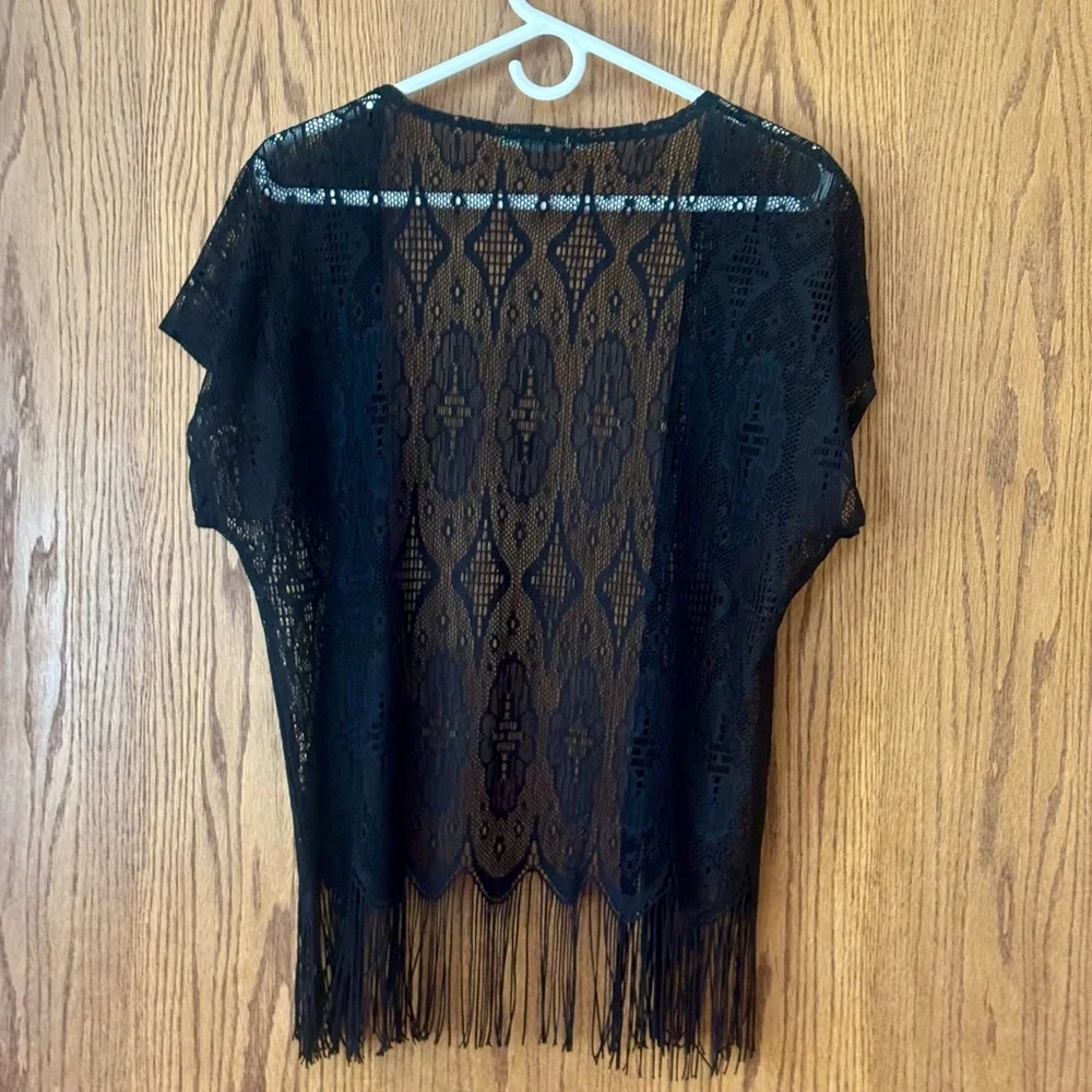 Black Lace Kimono Fringe Hem Boho Festival Cover Up S/M